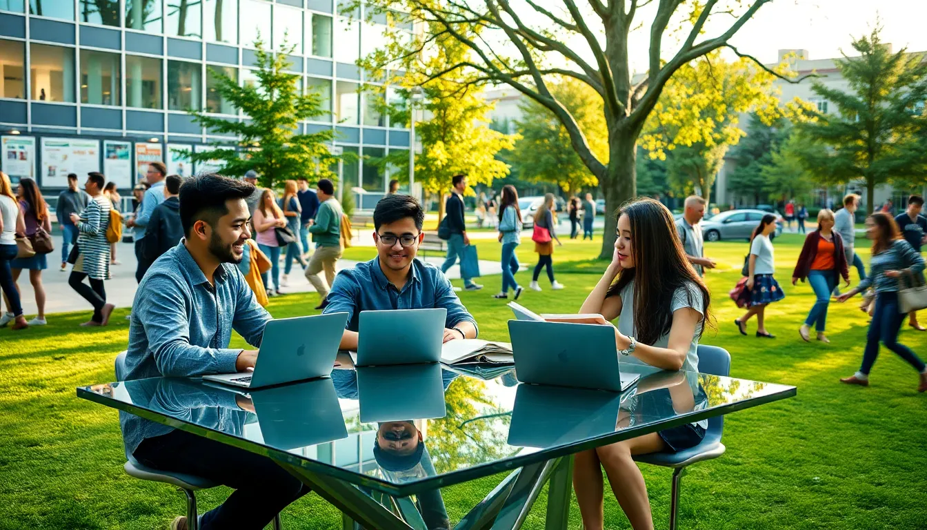 diverse college students collaborating in an open campus environment.