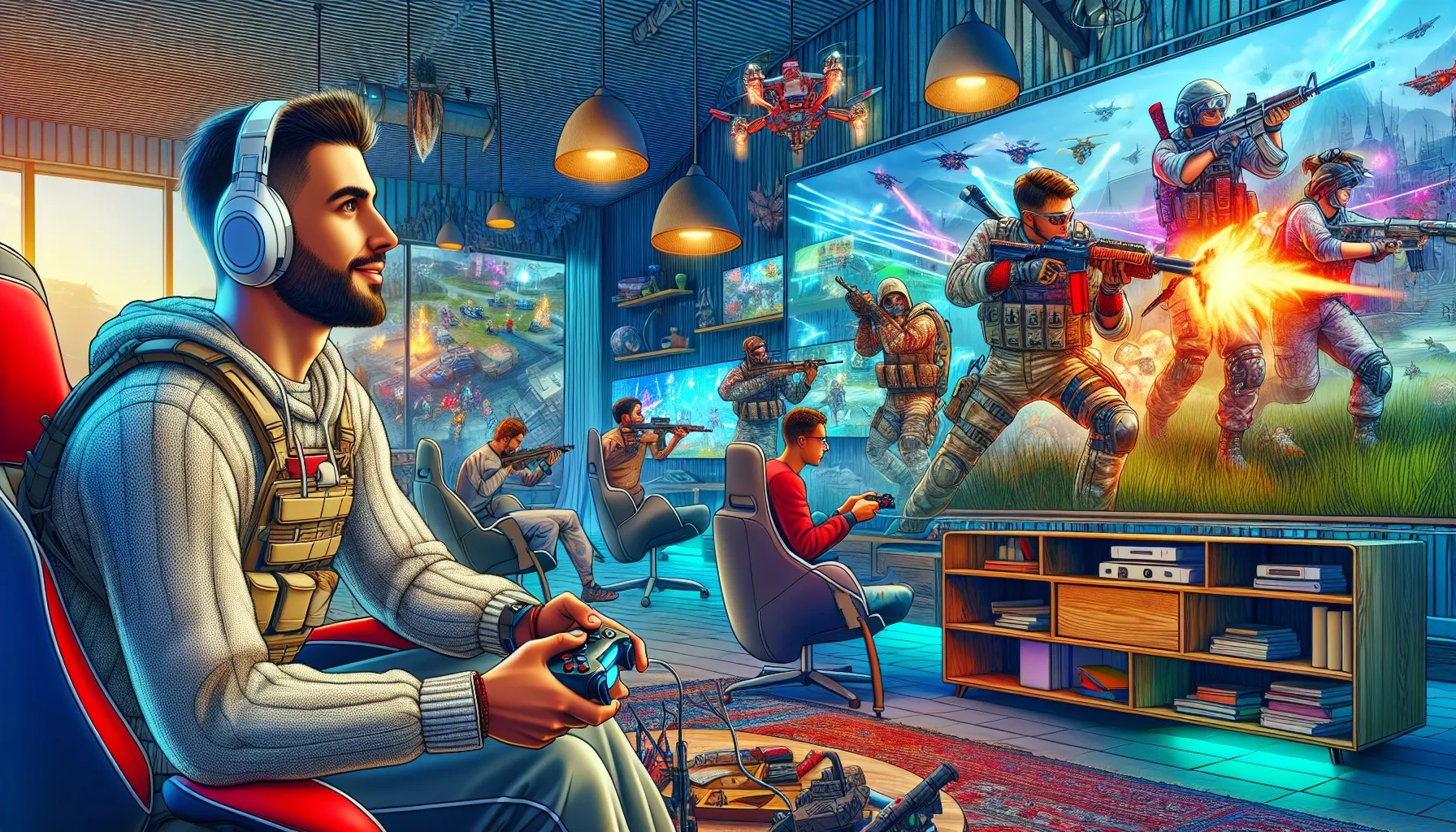 diverse gamers strategizing in a lively gaming session.