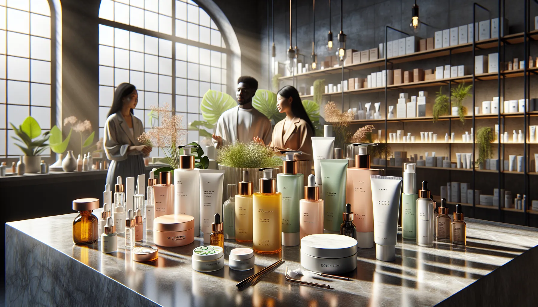 diverse professionals discussing Korean beauty skincare products.