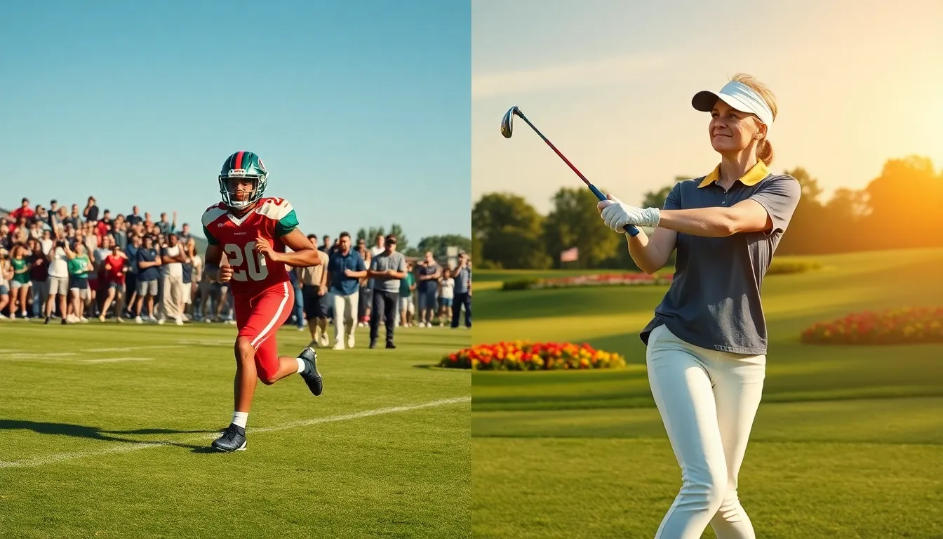 An energetic football player running on a field alongside a golfer on a lush course.
