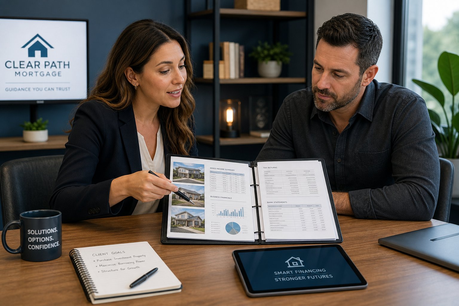 Mortgage specialist reviewing a complex business finance case with a client in a professional office.