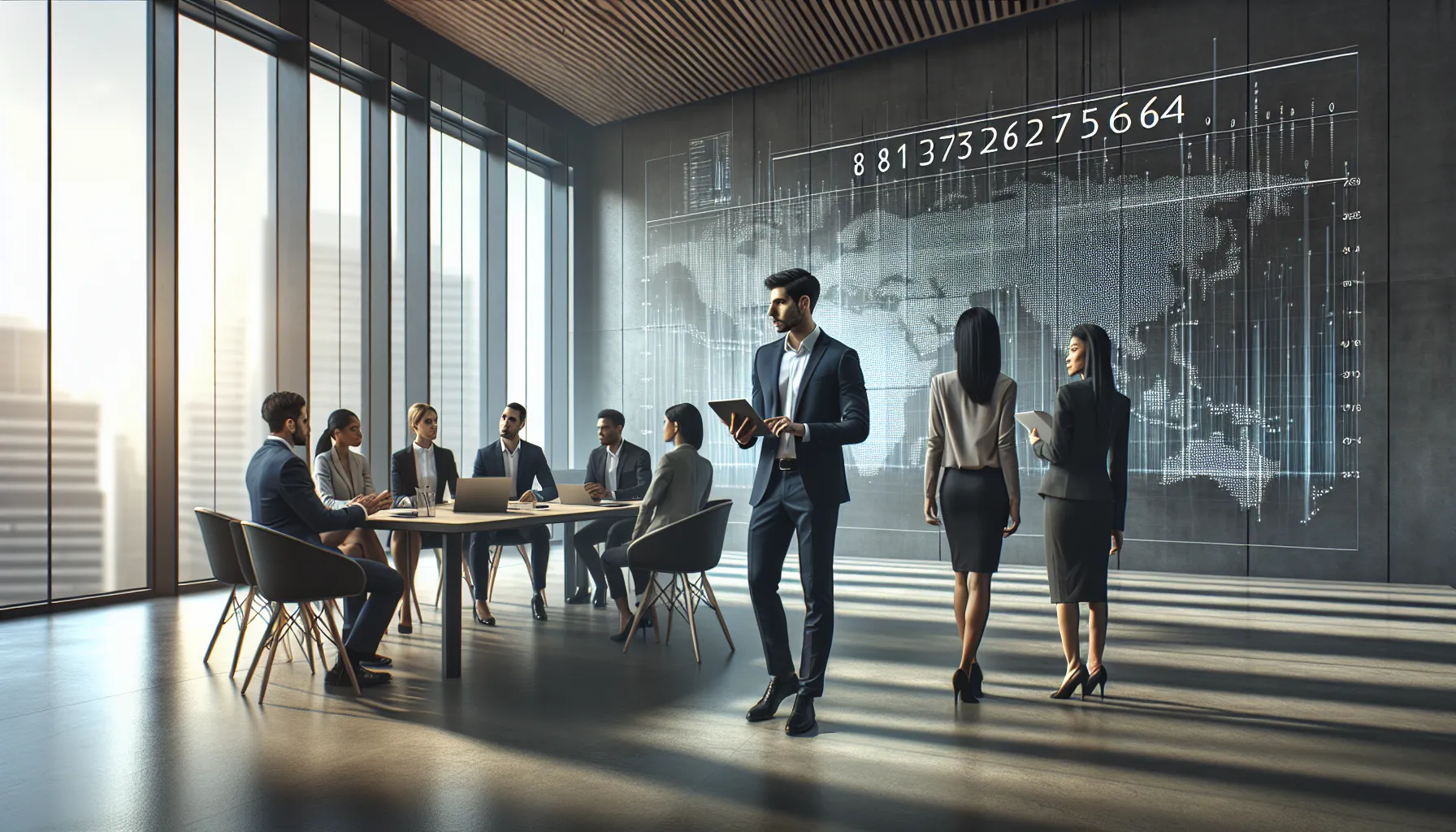 diverse professionals discussing data related to 8173267564 in a modern office.