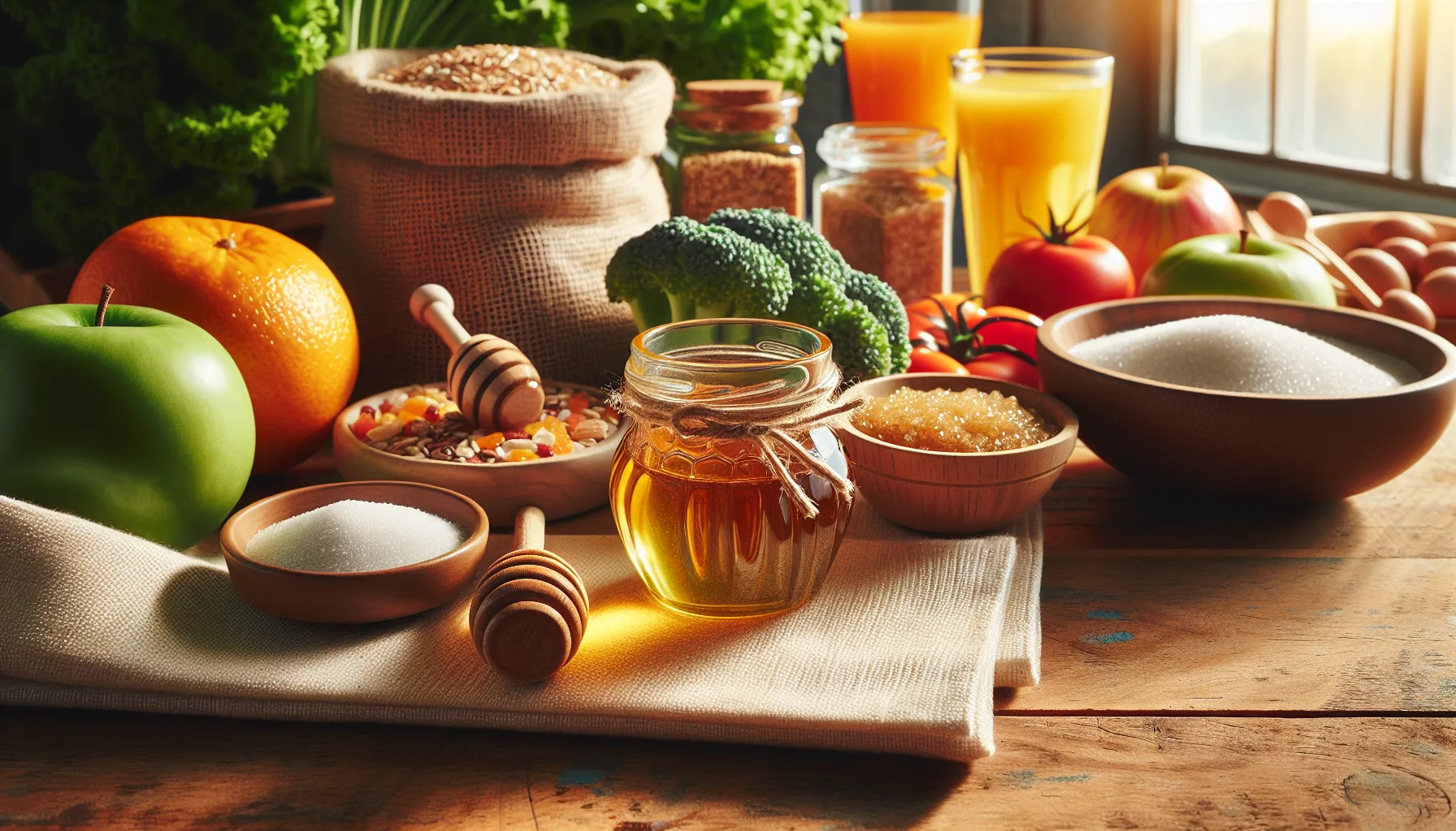 A comparison of simple carbohydrate sources like juices and sugar on a kitchen counter.