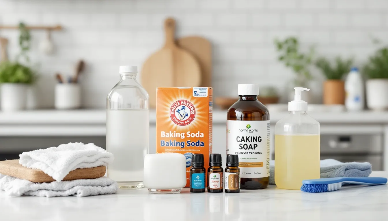 Five non-toxic cleaning essentials arranged on a bright kitchen countertop.