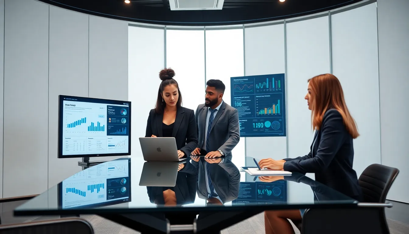 diverse team discussing data in a modern office.