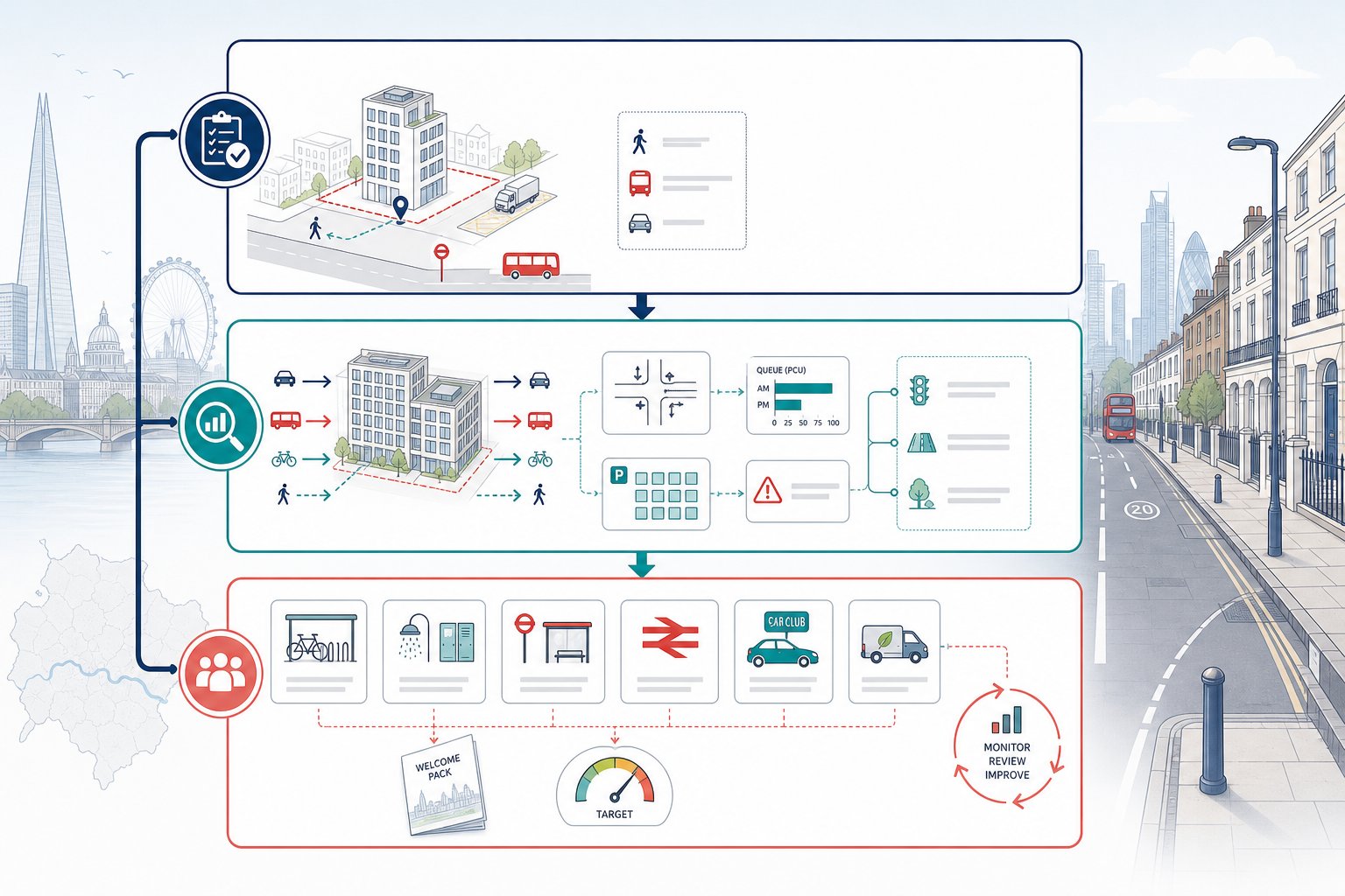 Three-part infographic showing Transport Statement, Assessment, and Travel Plan in London.