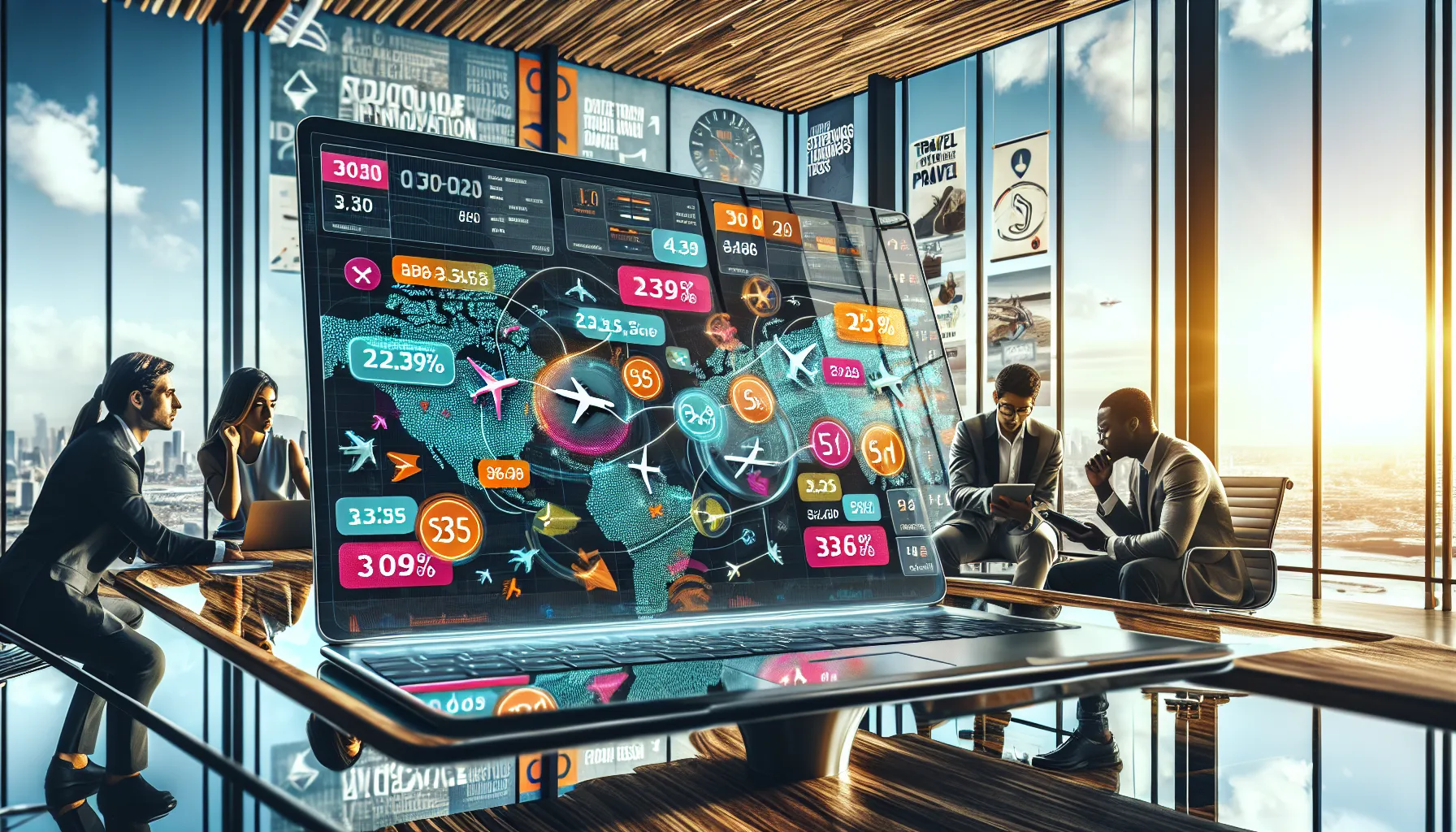 travelers discussing flight discounts in a modern office.