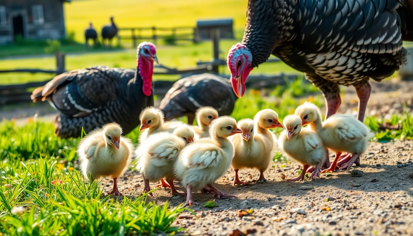 a group of turkey poults exploring a sunny farmyard.