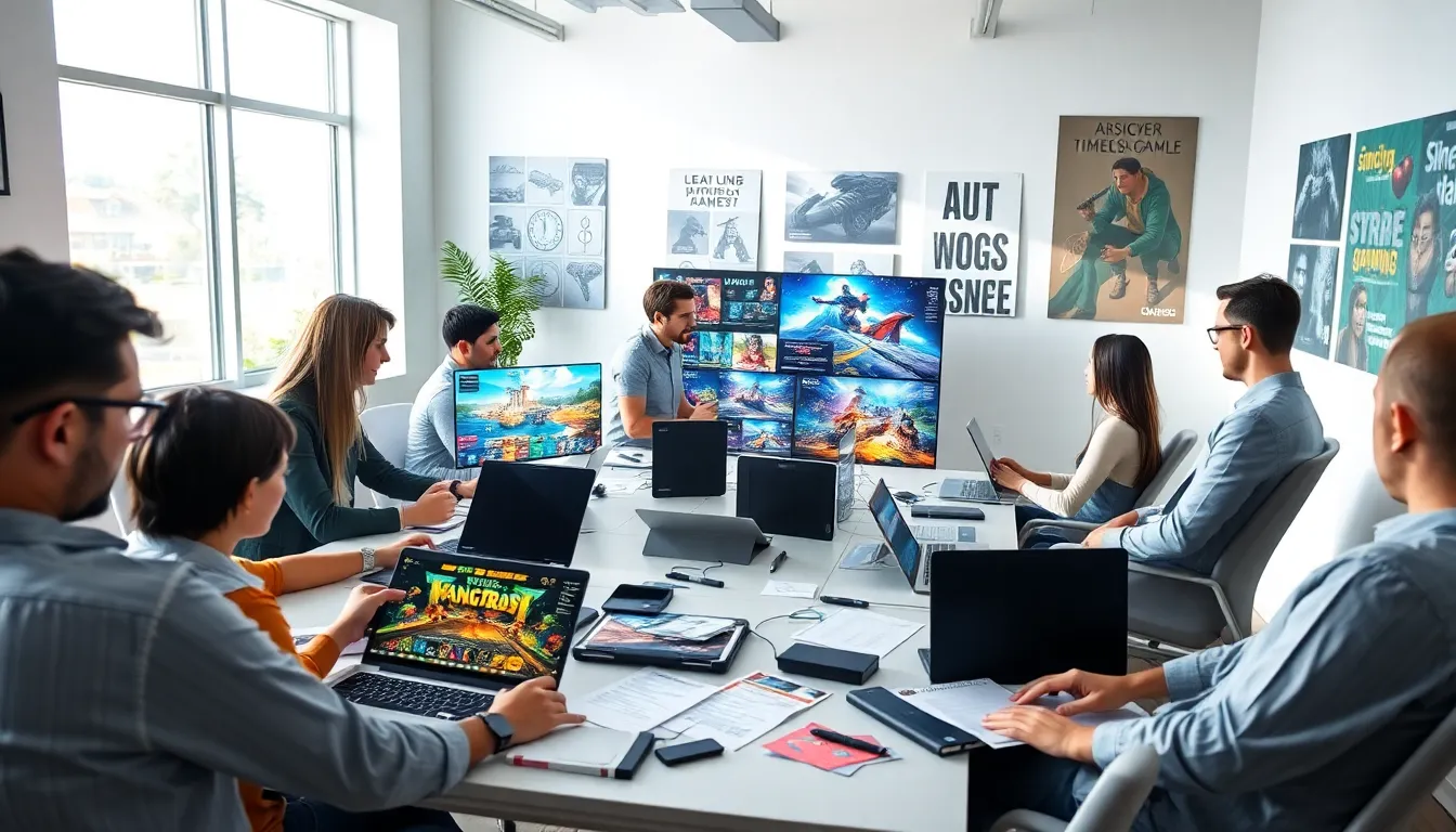 diverse team brainstorming in a modern gaming studio.