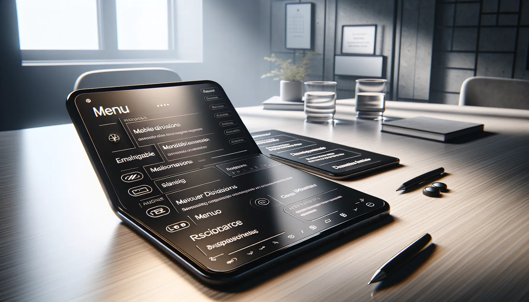 sleek mobile menu on a smartphone in a modern workspace.