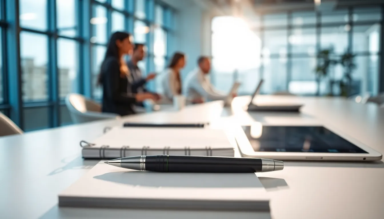 Kalemxxc pen on a sleek modern desk with professionals in the background.