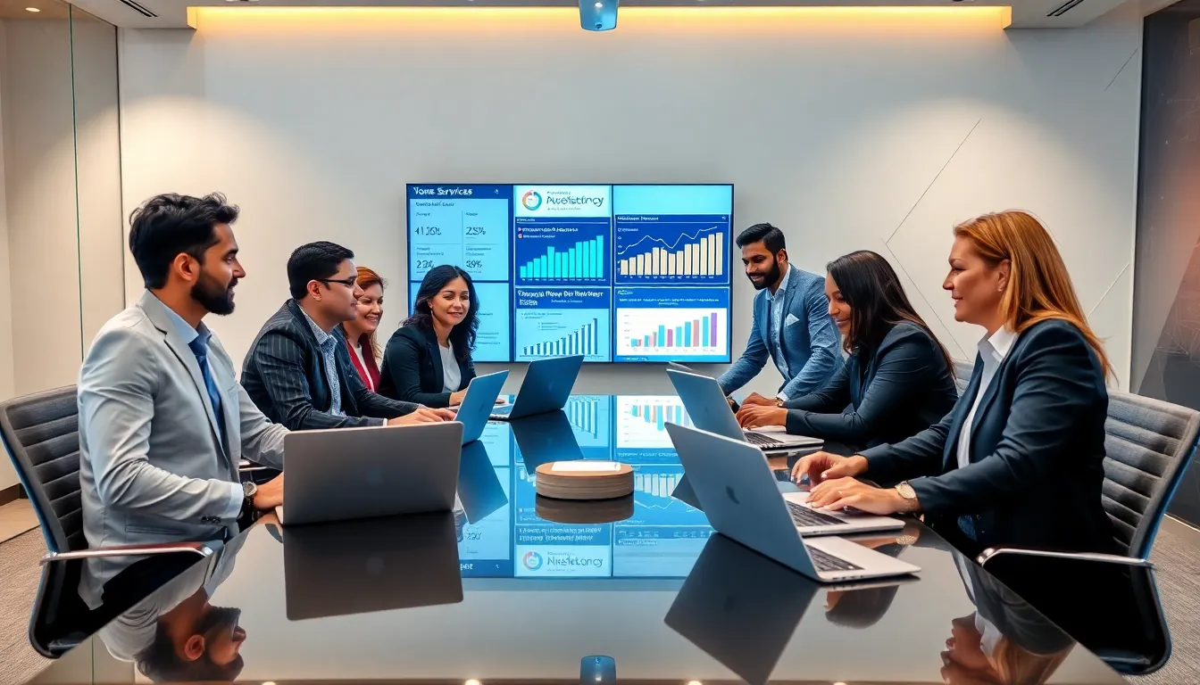 diverse team discussing home services digital marketing strategies in a modern office.