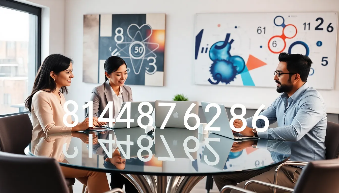 diverse team discussing the significance of the number 8148746286 in a modern office.