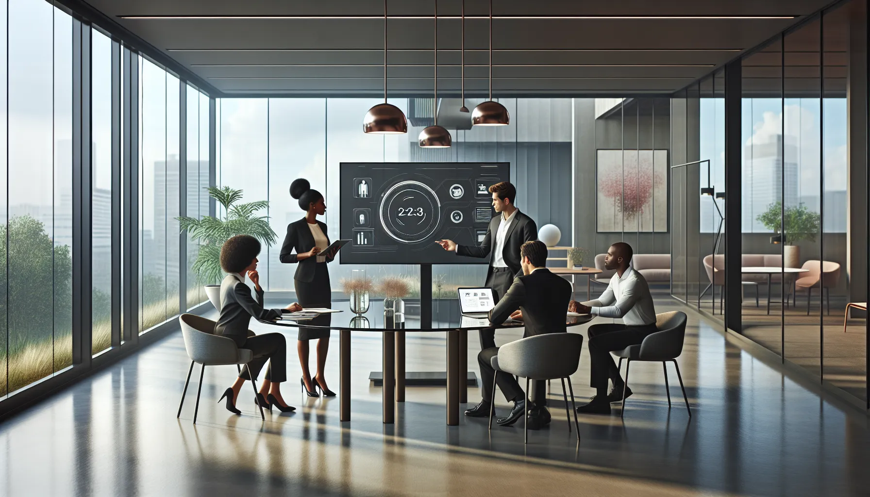 diverse team discussing a toll-free helpline in a modern office.