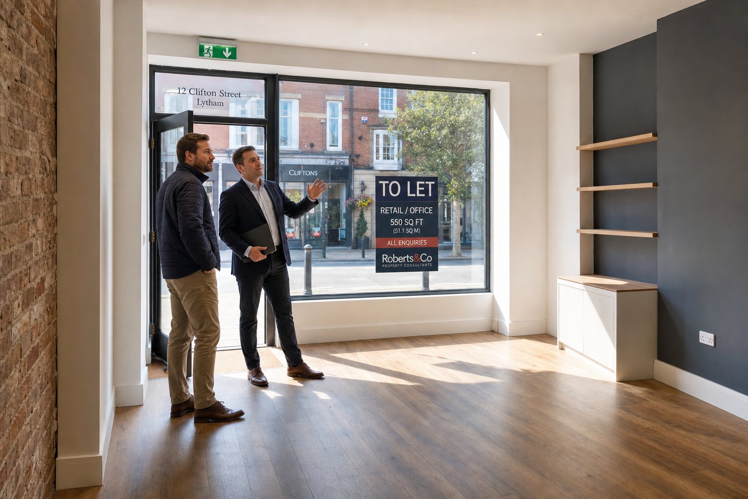 Commercial Mortgage Broker Lytham 8 Investor and adviser discussing a small commercial property interior during a viewing.