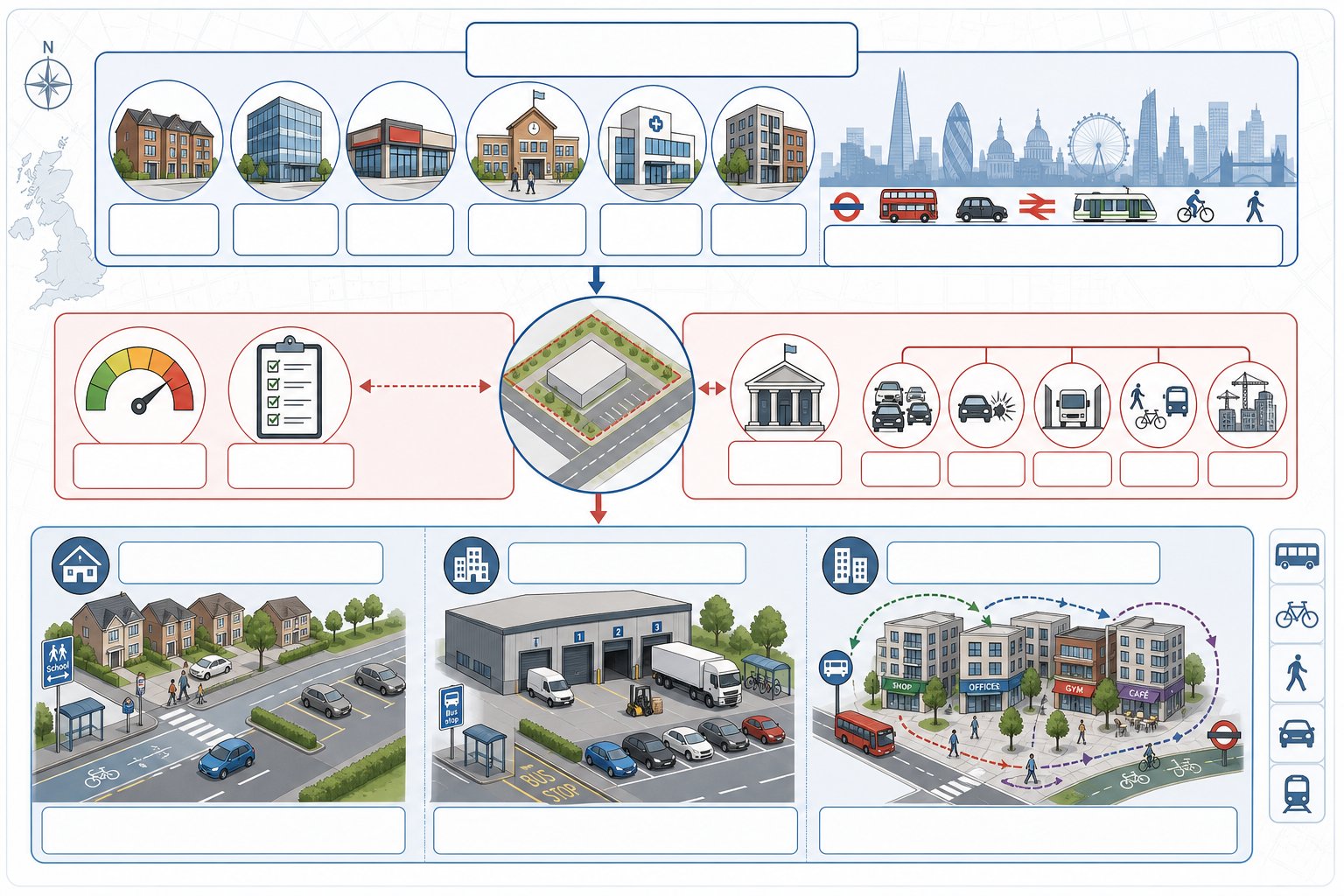 UK transport assessment triggers, thresholds, and site-type comparison infographic.