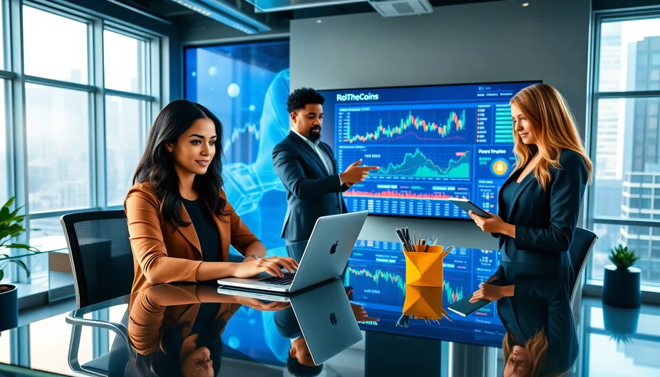 diverse team engaging with a cryptocurrency trading platform in a modern office.