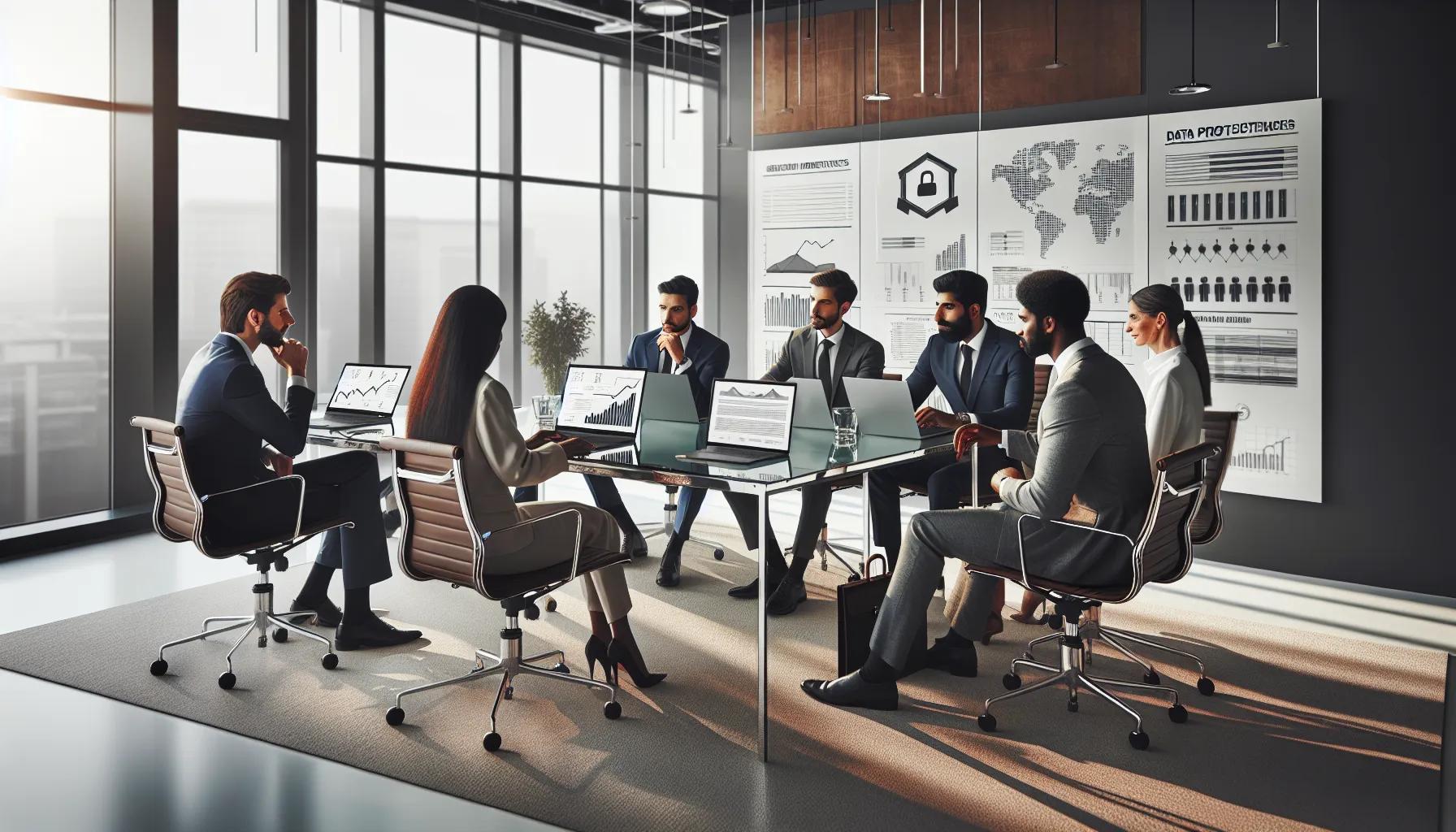 business team discussing privacy and security in a modern office.