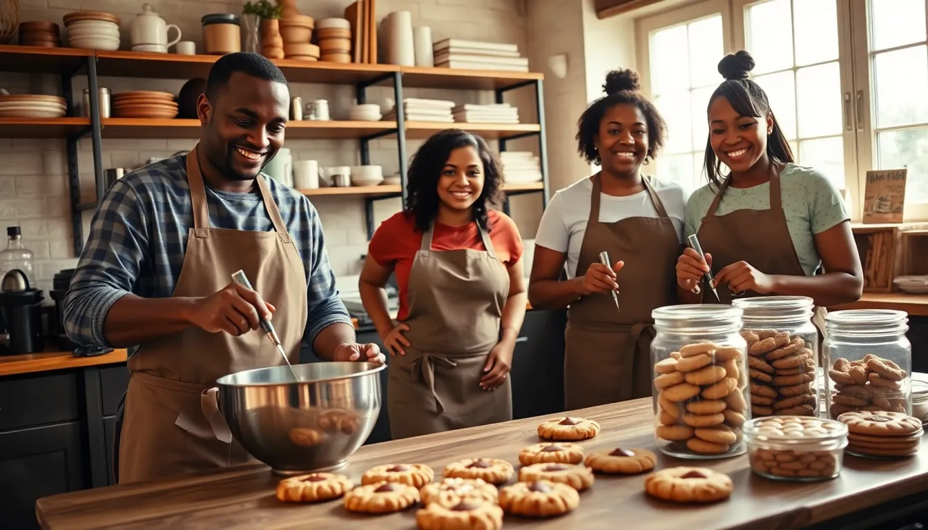 diverse bakers joyfully making cookies in a cozy kitchen.