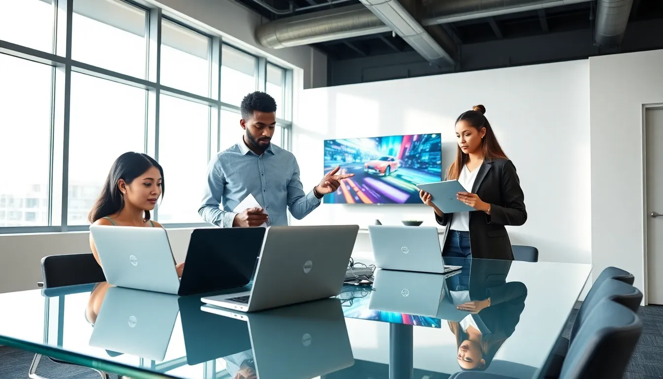 diverse professionals using Dell laptops in a modern office.