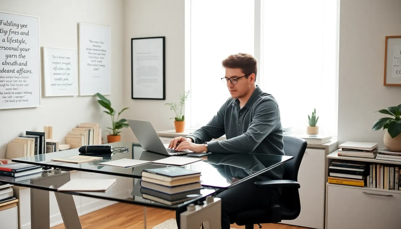 Fisher working in a modern home office on a blog post.