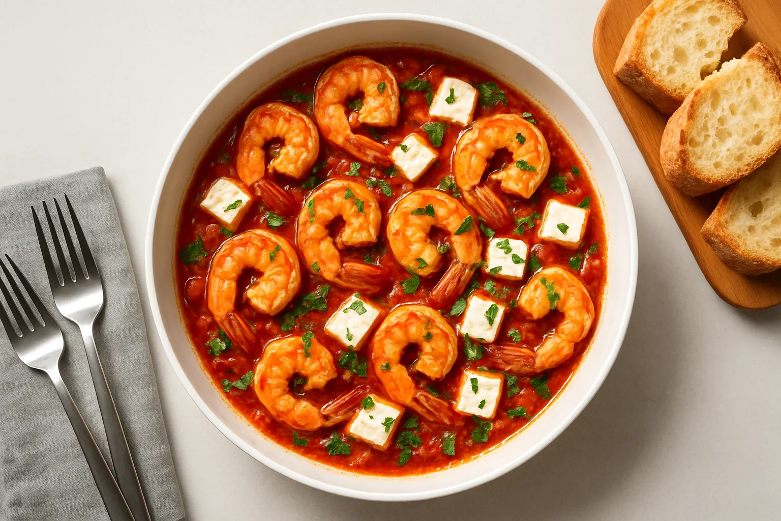 Shrimp saganaki with tomatoes and feta in a white pan with crusty bread.