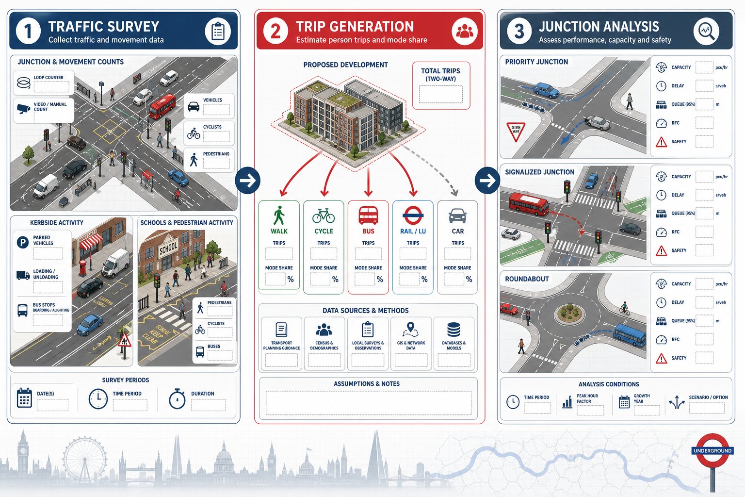 Infographic of traffic surveys, trip generation, and junction analysis in London.
