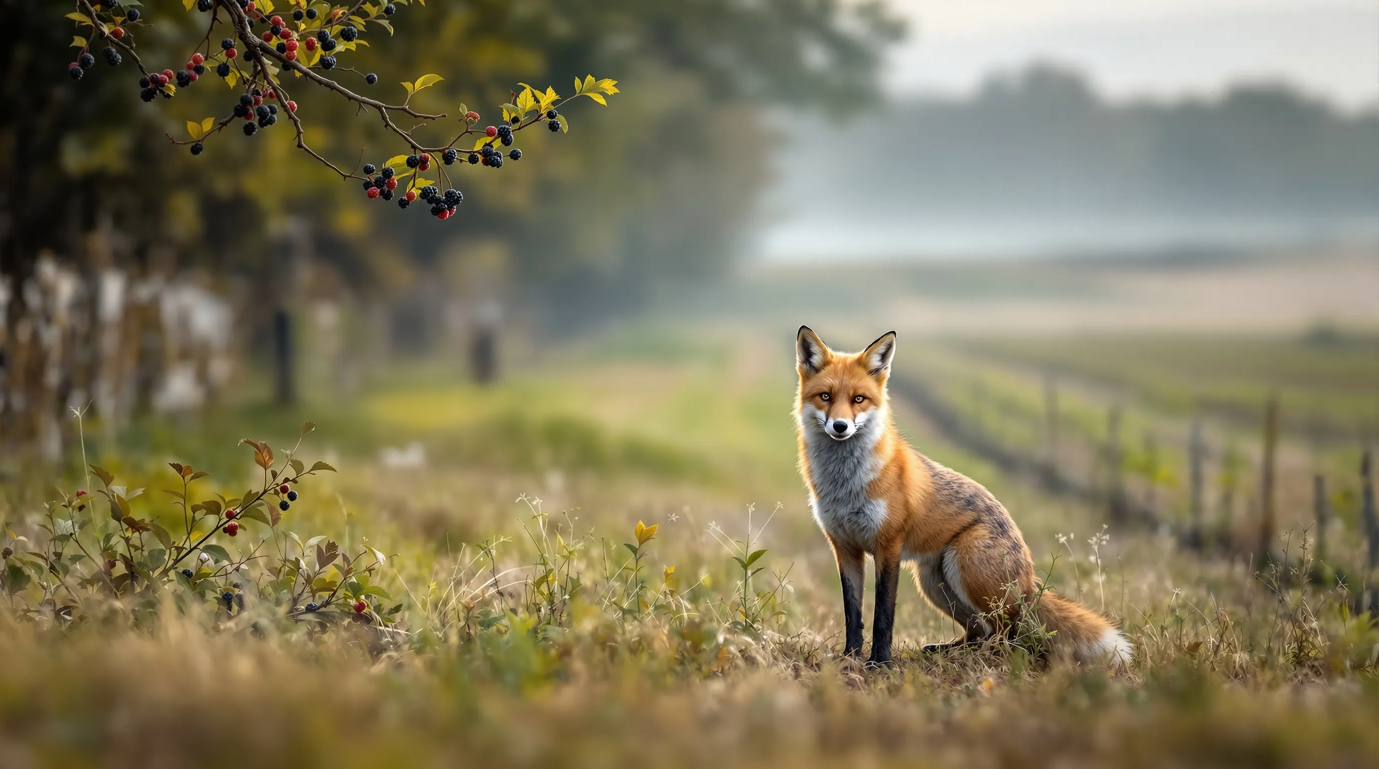 Red fox in Croatian countryside, near berries, tracks and feathers suggest ecology.