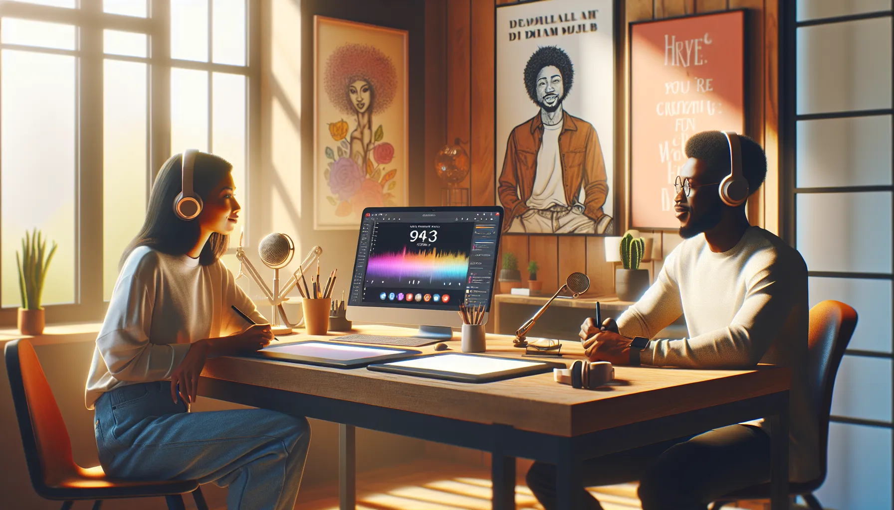 diverse team collaborating on creative projects in a modern workspace.