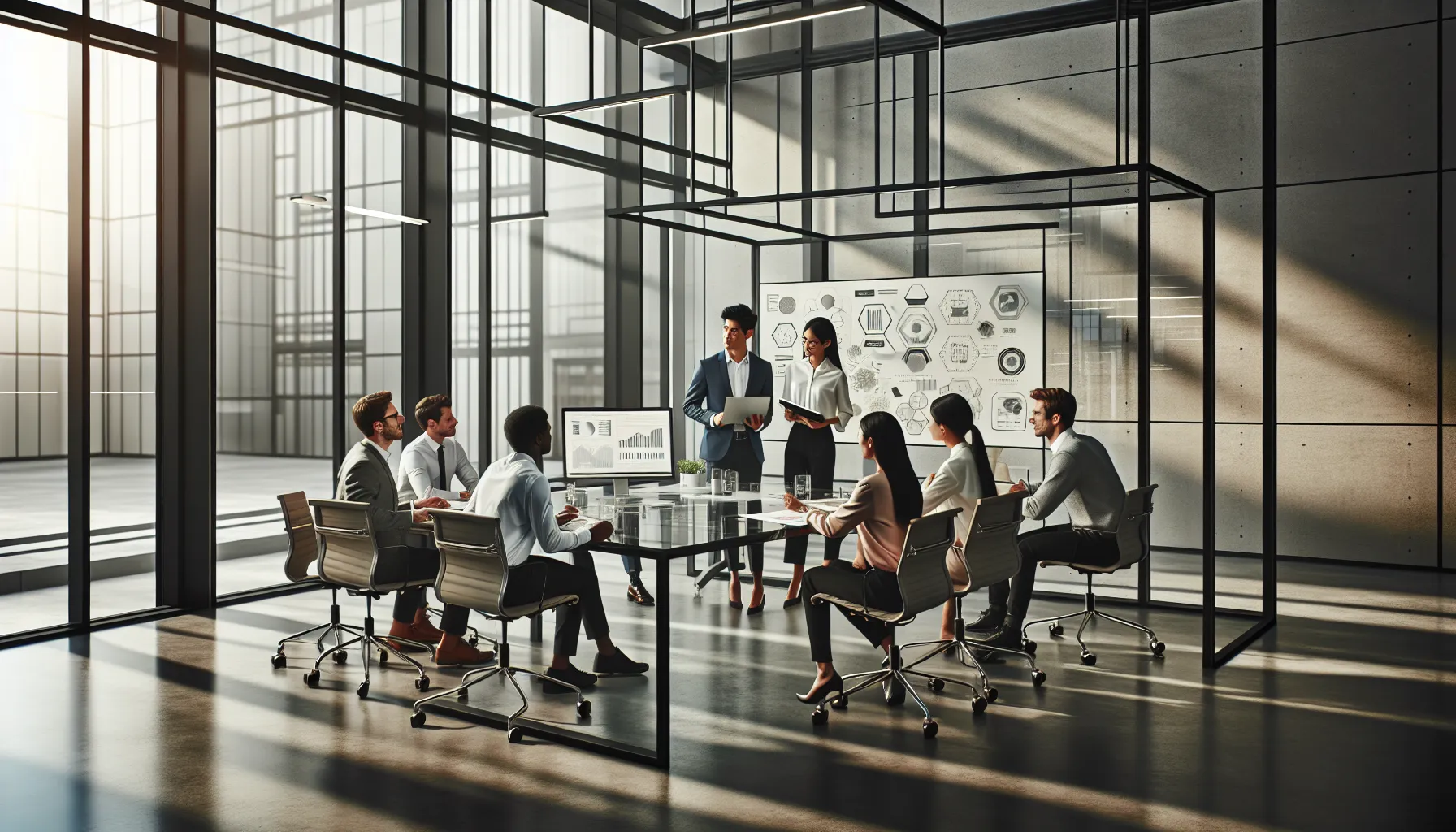 diverse professionals collaborating in a modern office setting.