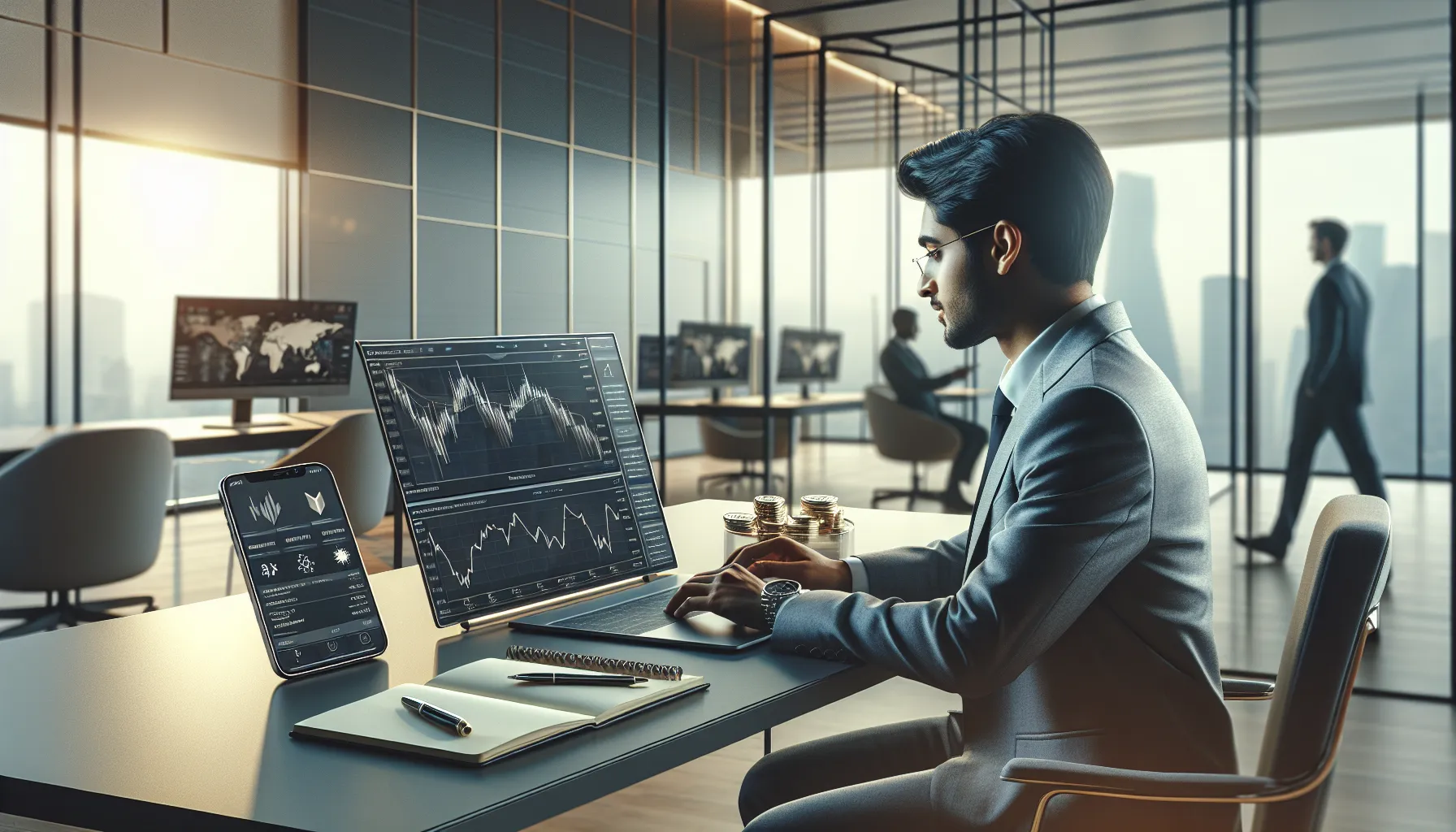 Professional using laptop displaying Binance cryptocurrency exchange interface in modern UK office.