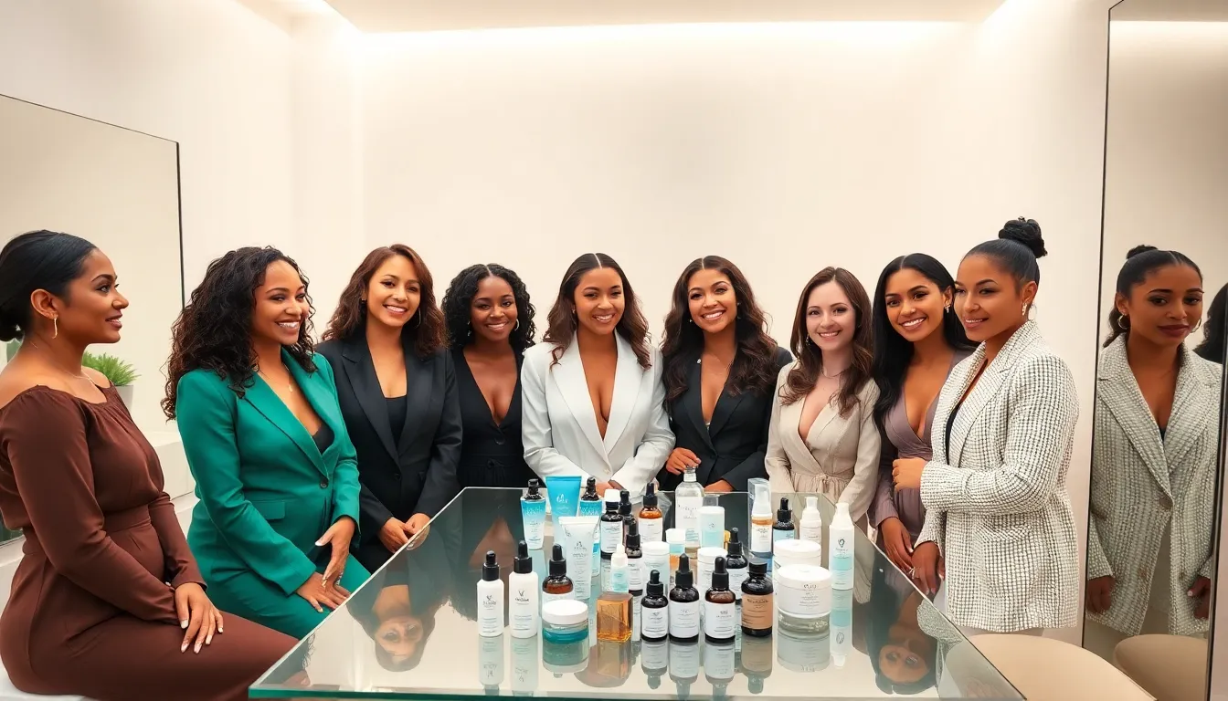 celebrities discussing skincare products in a modern studio.