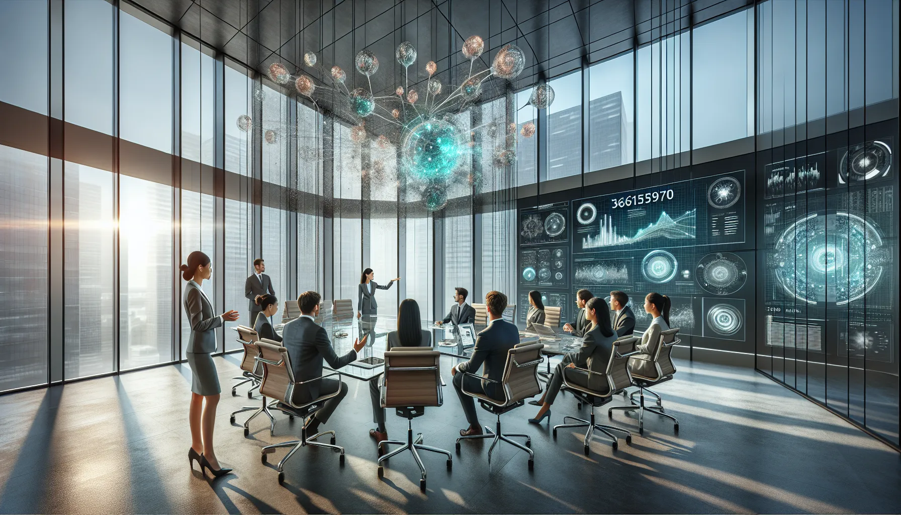 diverse professionals discussing telecommunications data in a modern office.