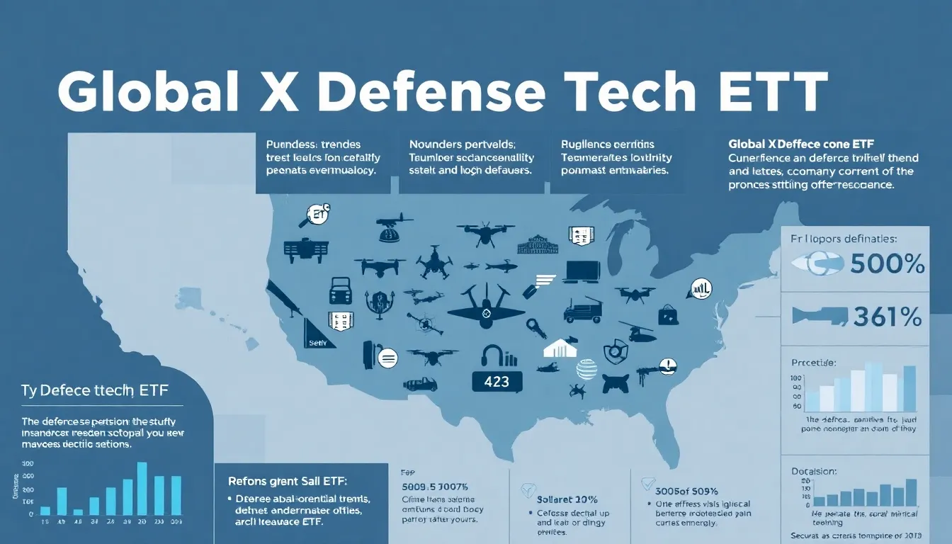infographic of Global X Defense Tech ETF with defense tech icons.