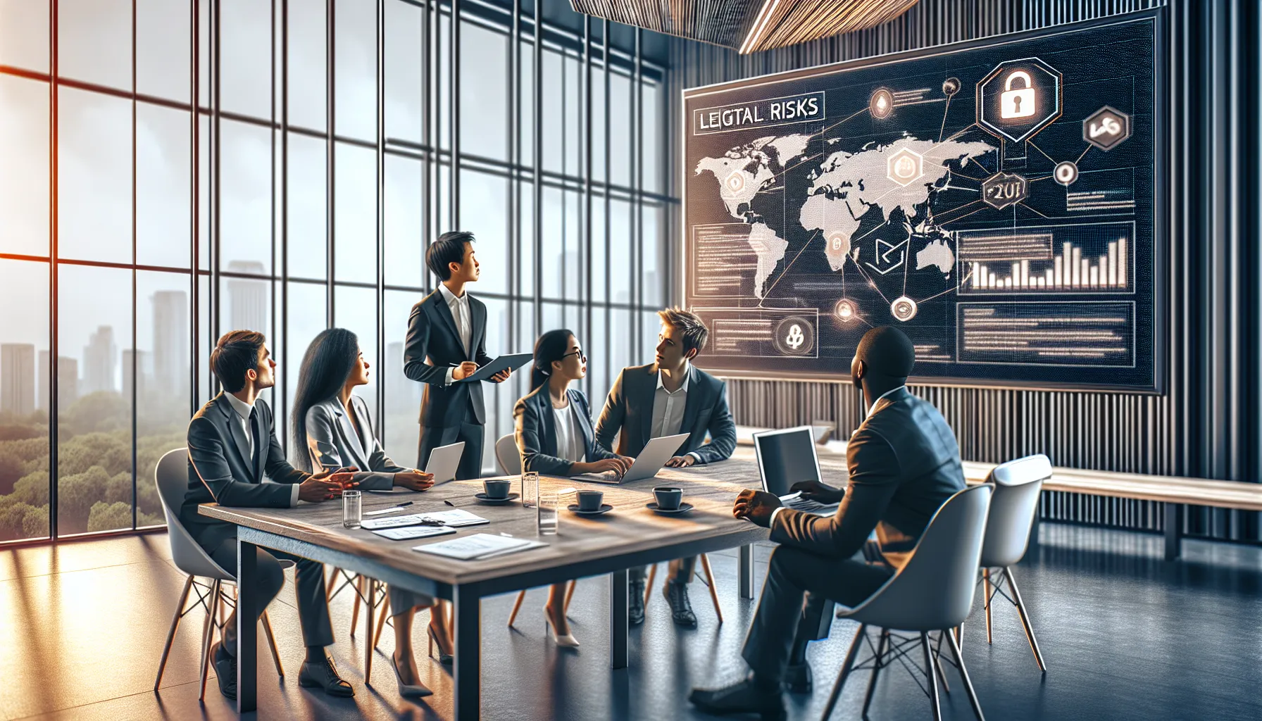 professionals discussing legal risks of streaming in a modern office.