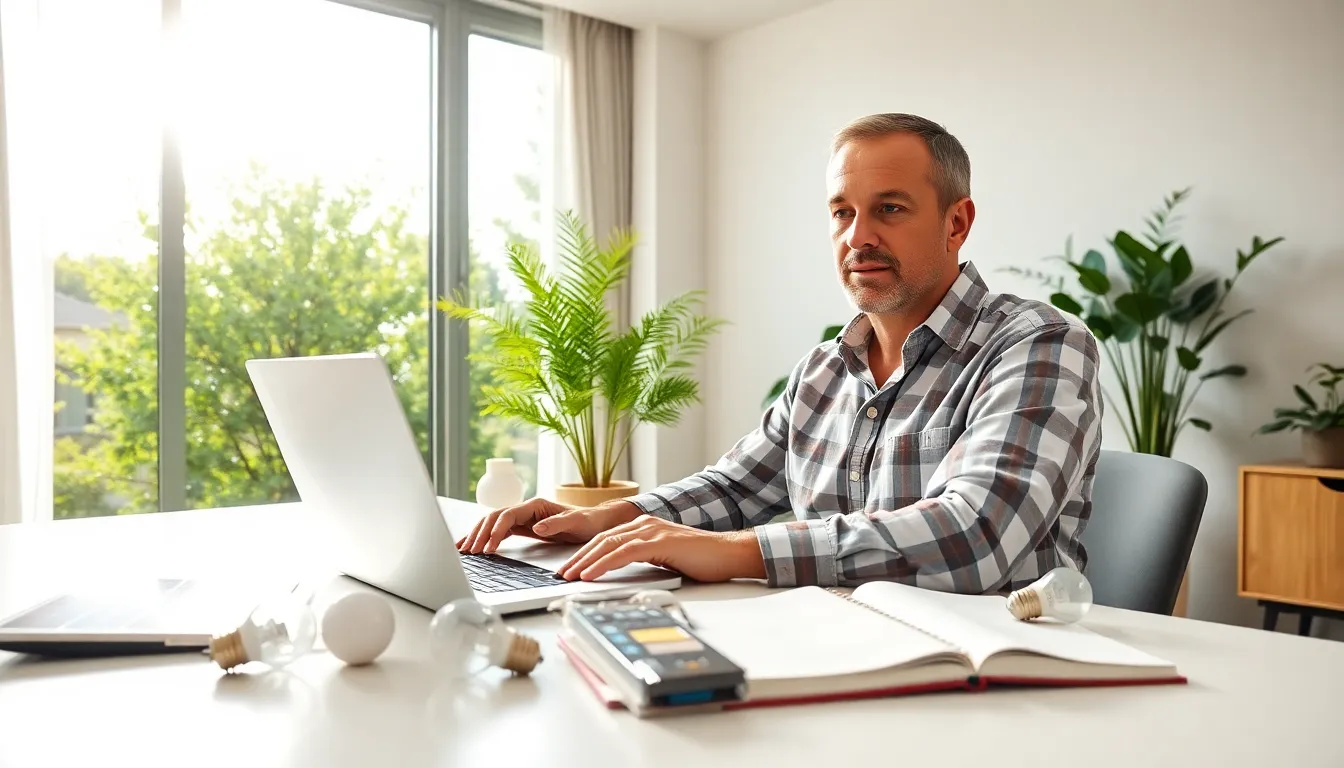 A man reviewing energy solutions in a modern home office.