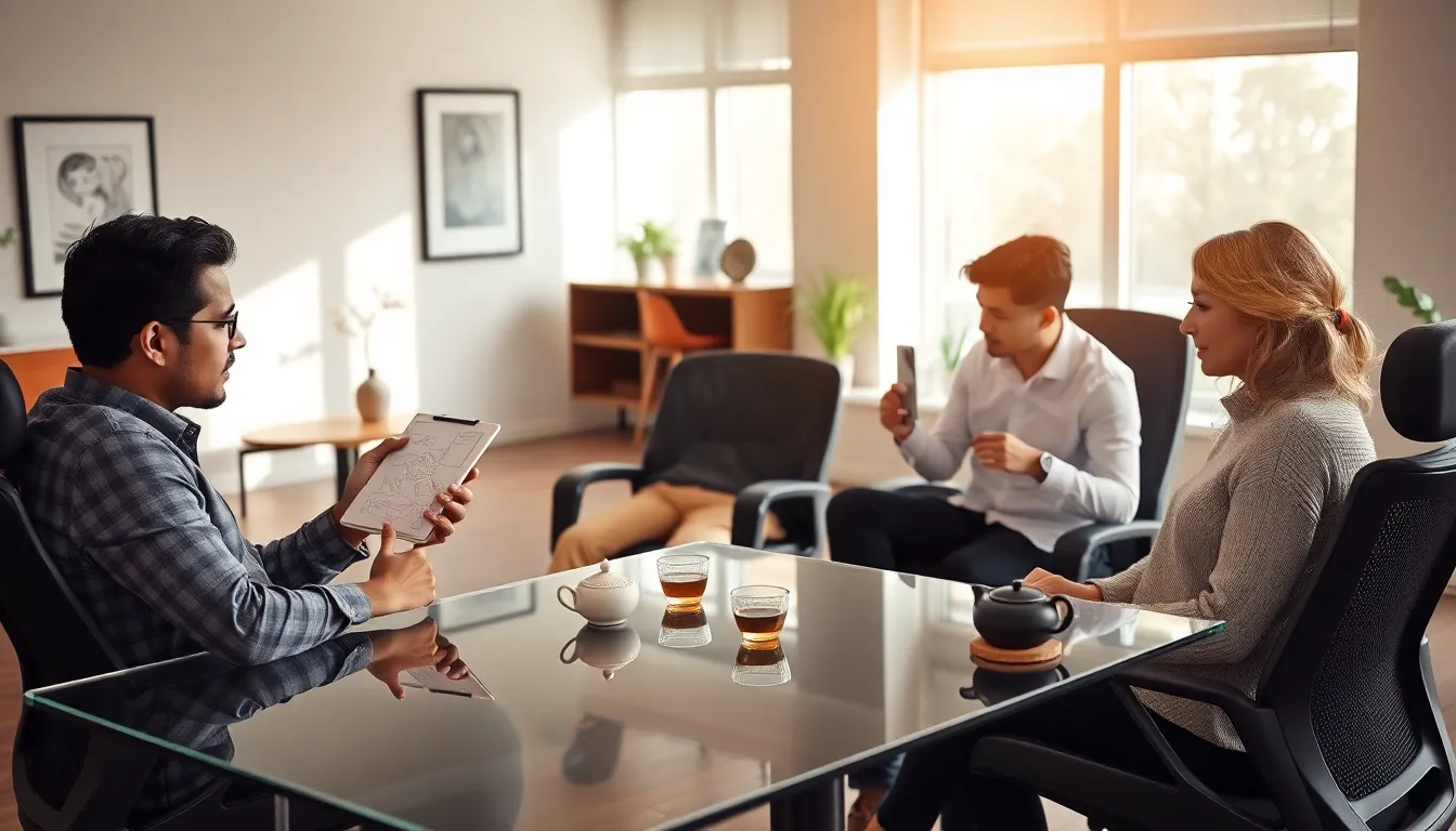 diverse team collaborating in a modern, serene workspace.