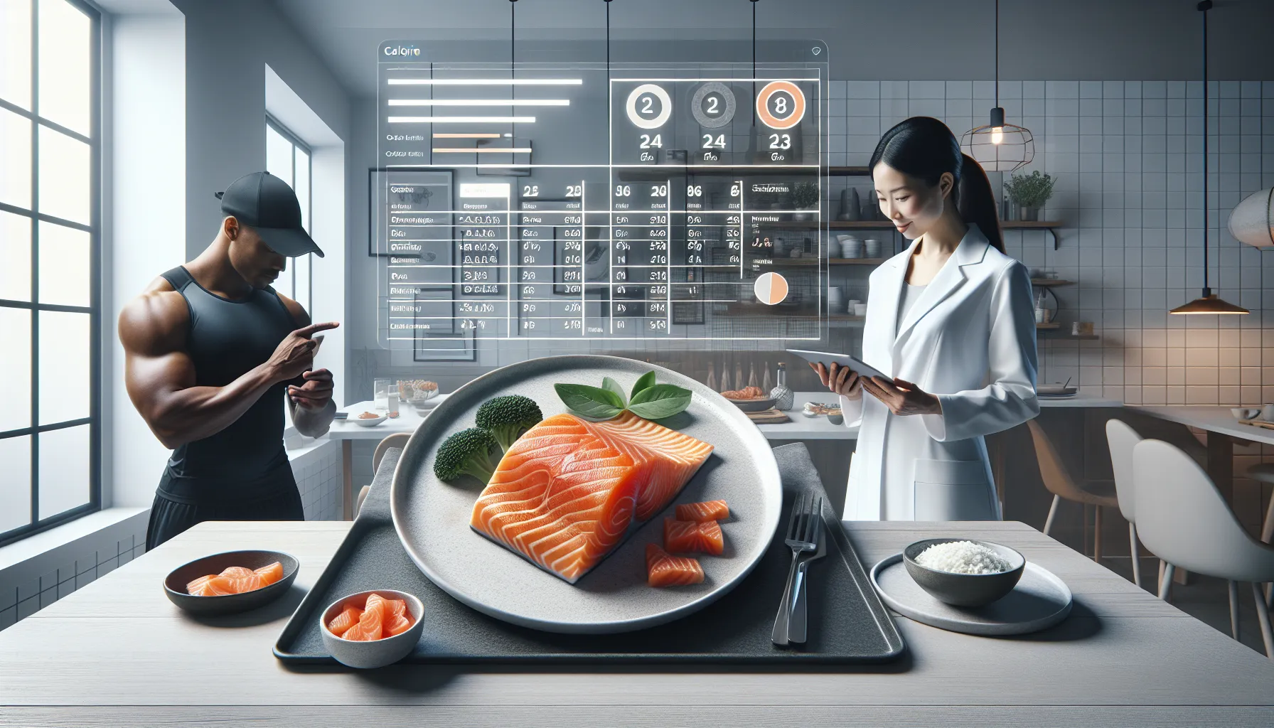 Salmon fillet with nutritional chart on a modern table.