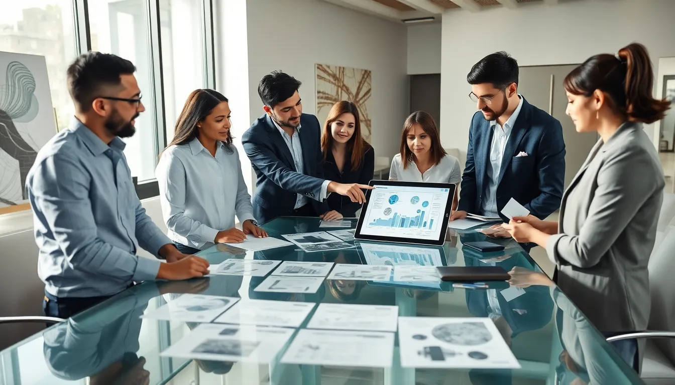 Diverse team discussing restoration alternatives in a modern office.