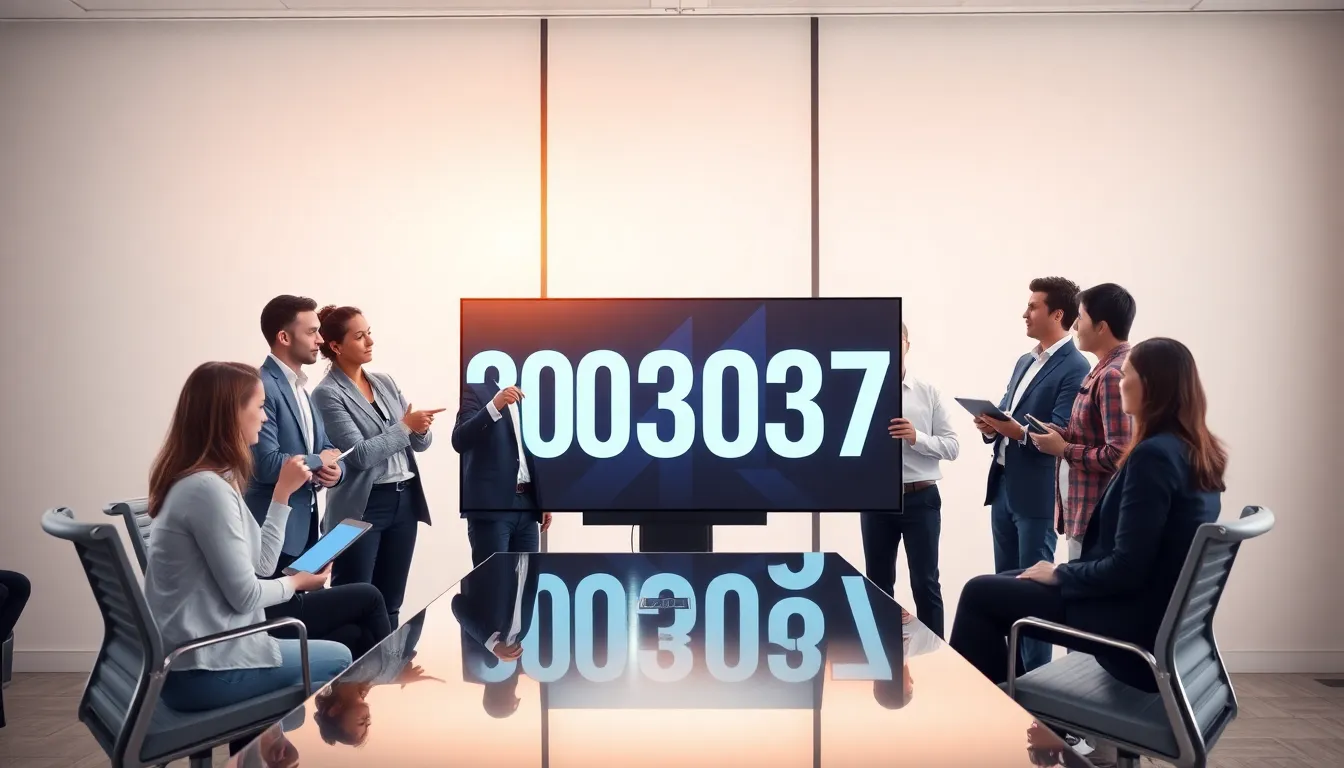 business professionals discussing the number 1300303723 in a modern conference room.