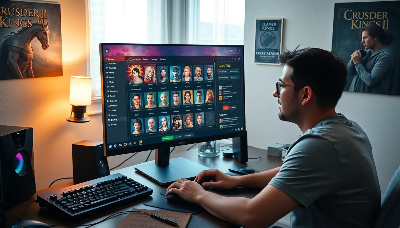 A gamer using CK2Generator to create characters in a cozy gaming room.