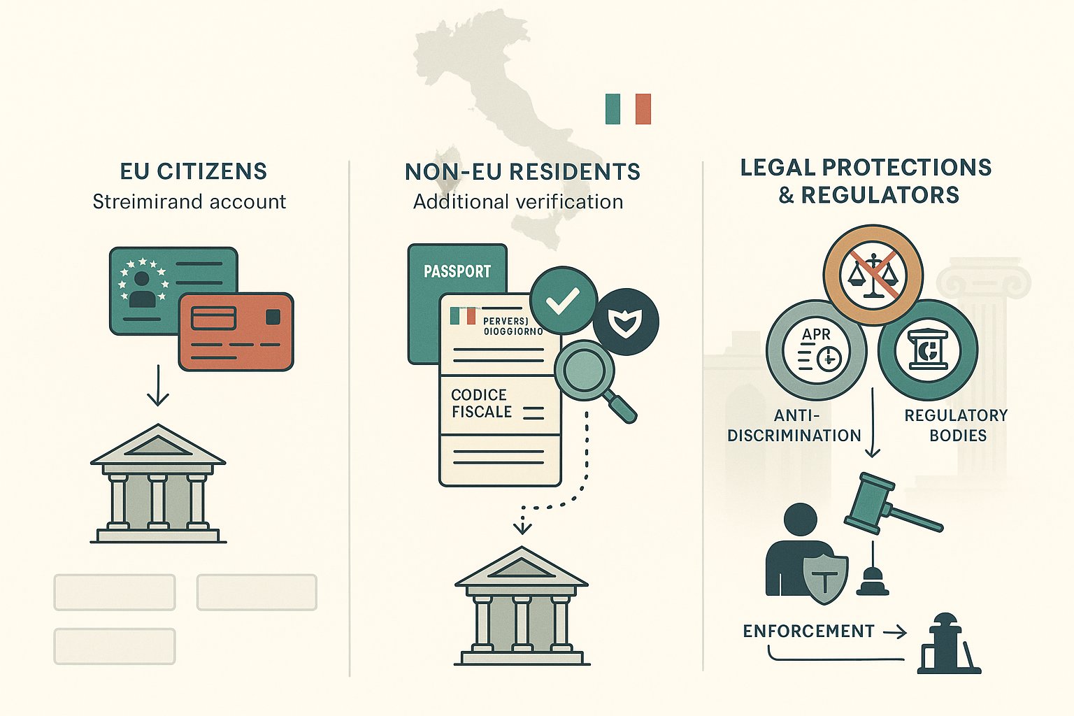 Infografica a tre pannelli che mostra documentazione, verifica e protezioni legali per stranieri in Italia.