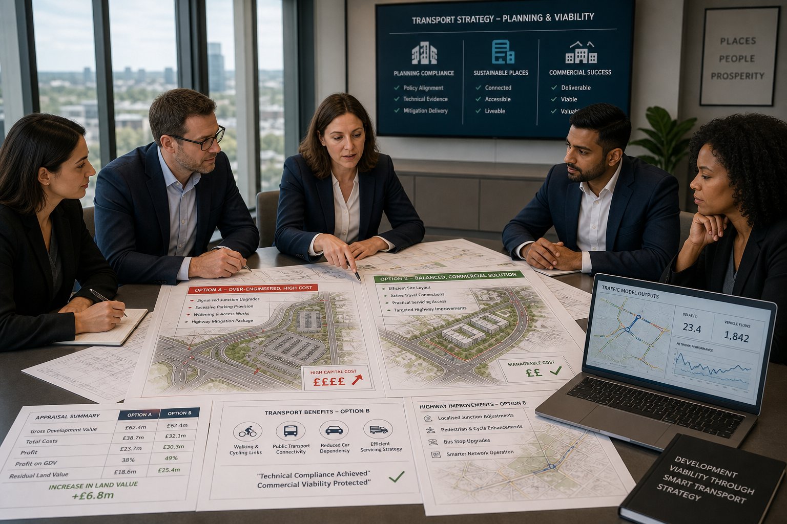 Planning team reviewing transport strategy, costs, and development layout in office.