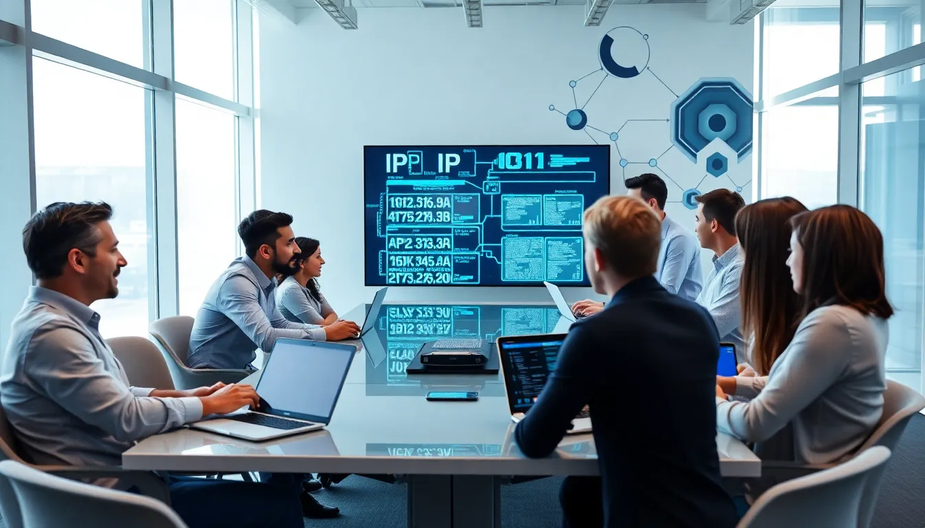 diverse team discussing IP addresses in a modern office.