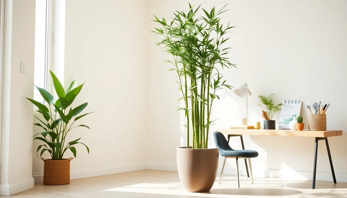 tall bamboo plant in a bright indoor workspace.