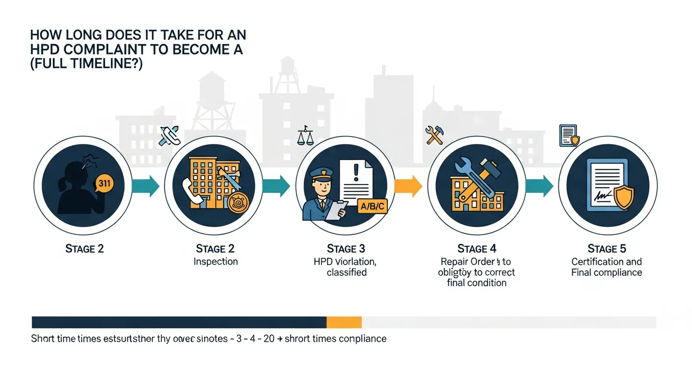 Timeline-style graphic showing NYC HPD complaint steps from 311 call to correction.