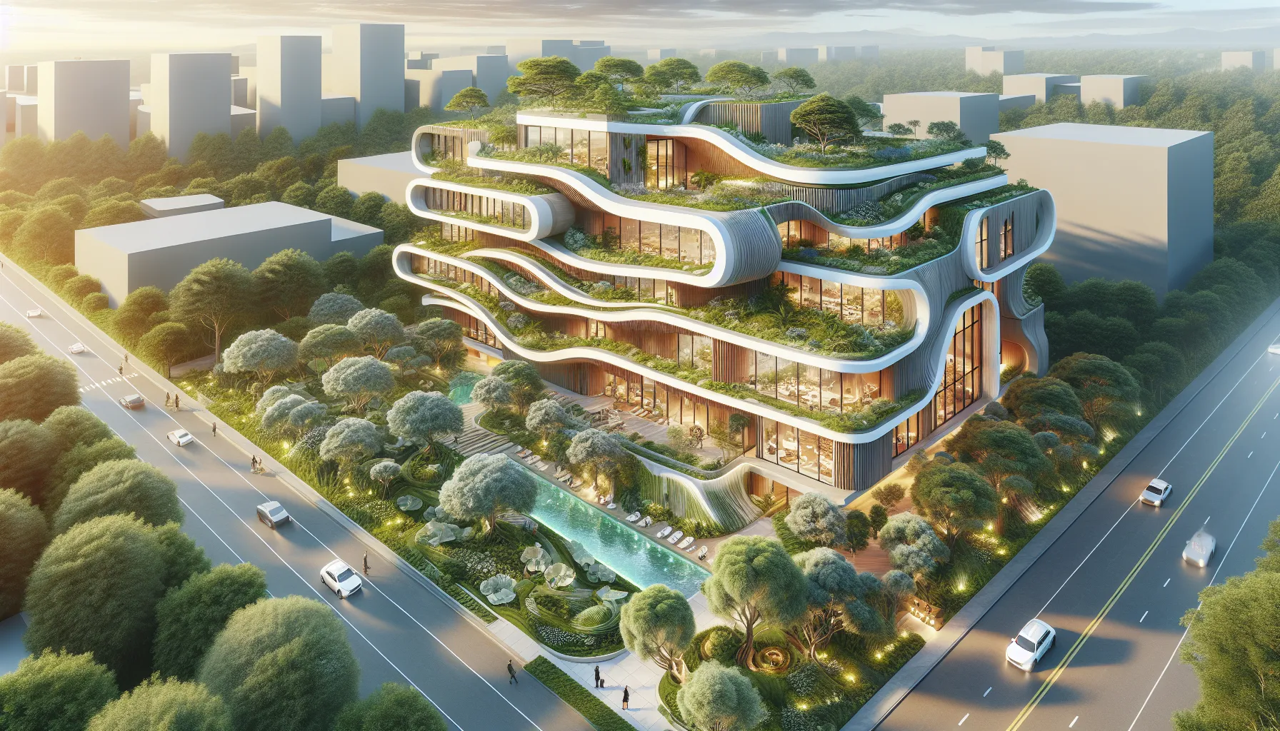 modern building in Kdarchistyle with fluid shapes and greenery.