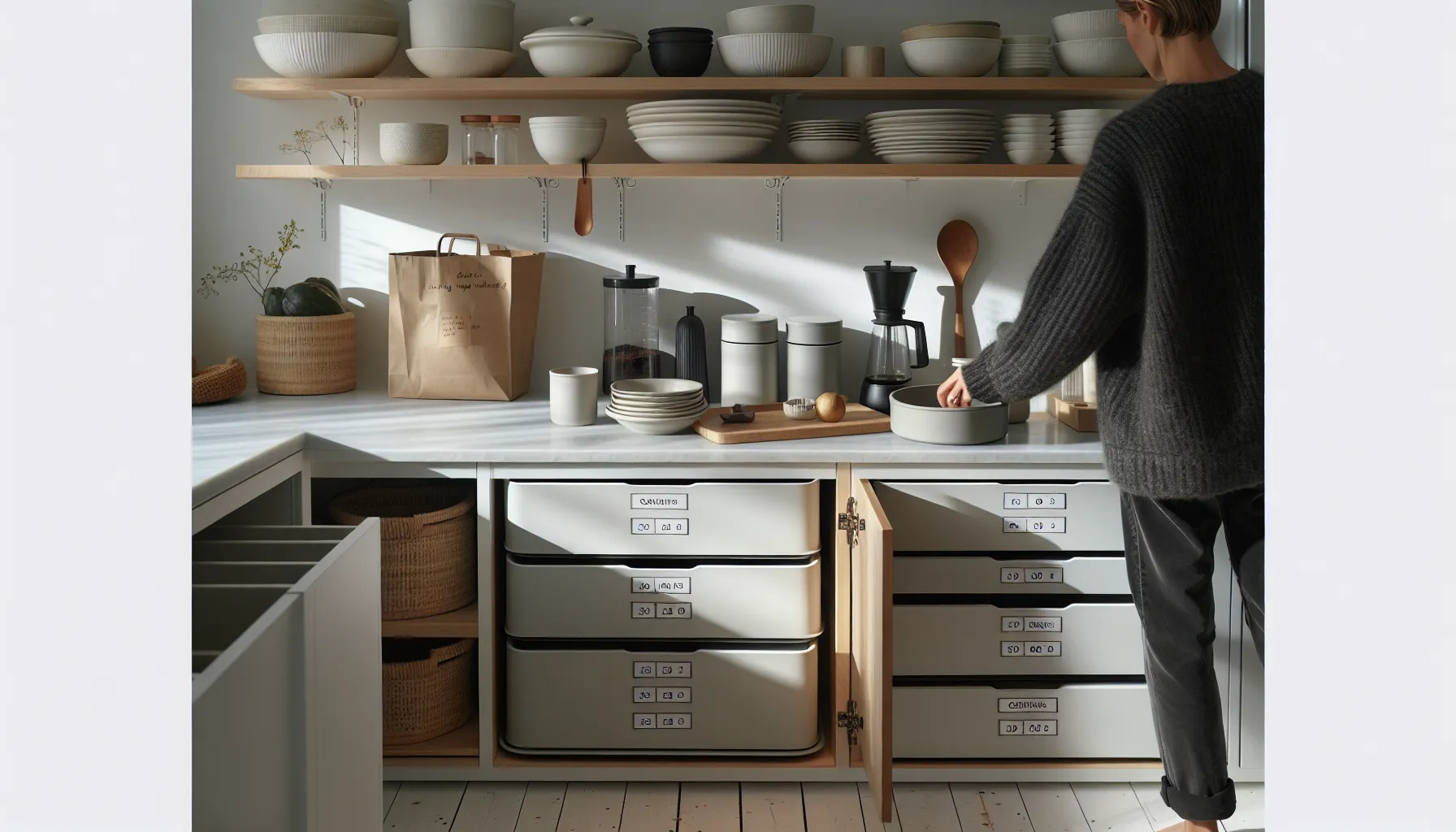 Slik bruker du lagerplass for å støtte en minimalistisk livsstil 1 Norwegian minimalist kitchen drawer with labeled bins; person donating old item.