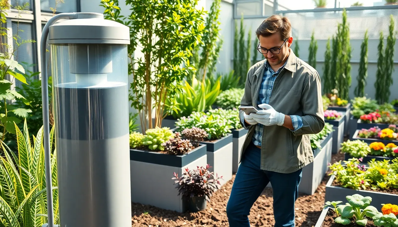 Gardener using smart technology in a sustainable garden setting.