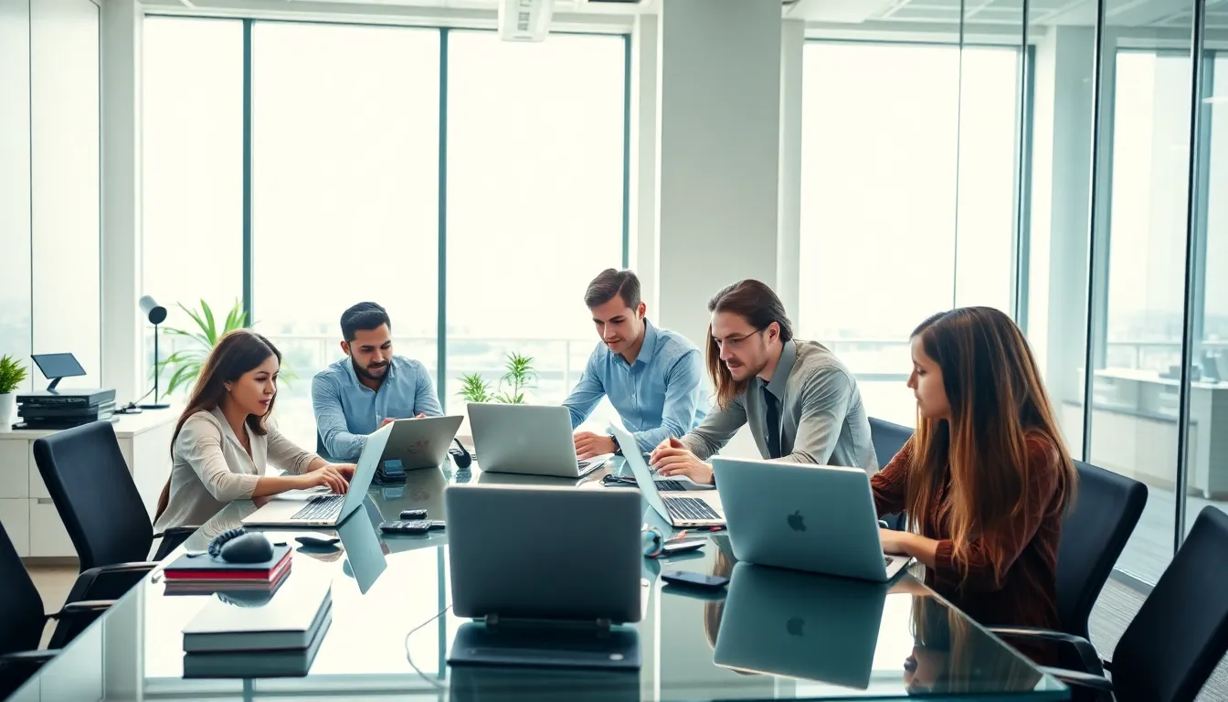 diverse team collaborating on technology solutions in a modern office.